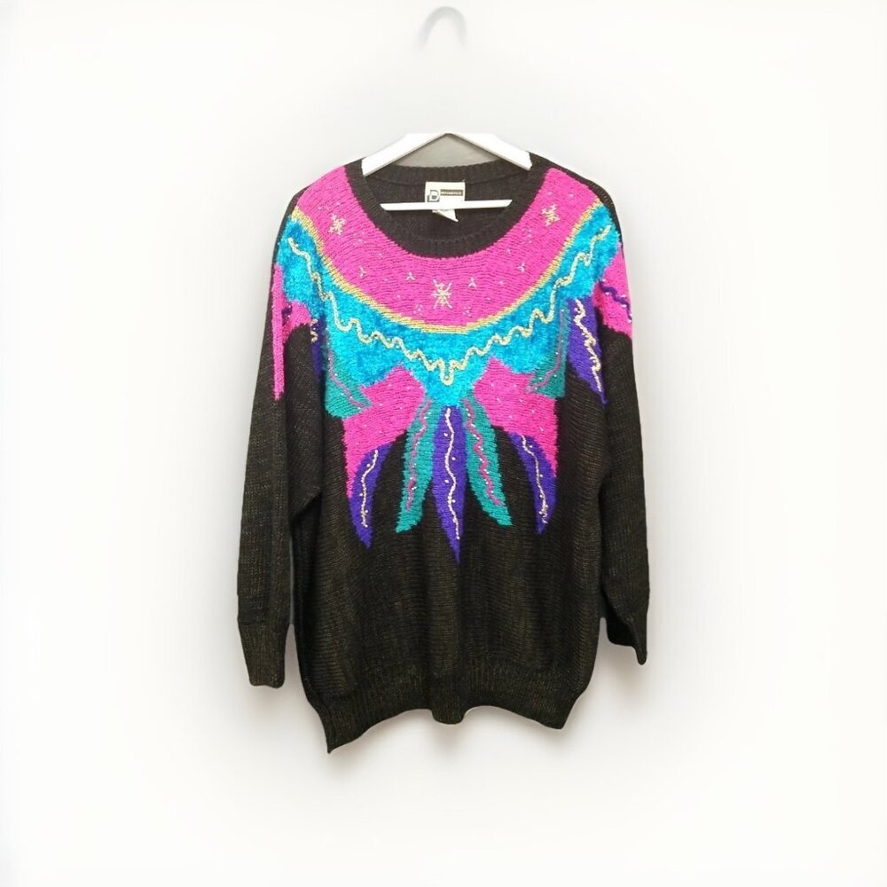 Distinctly Different‎ Vtg Multicolor Beaded Sparkle Knit Sweater, Size 44, 1980s